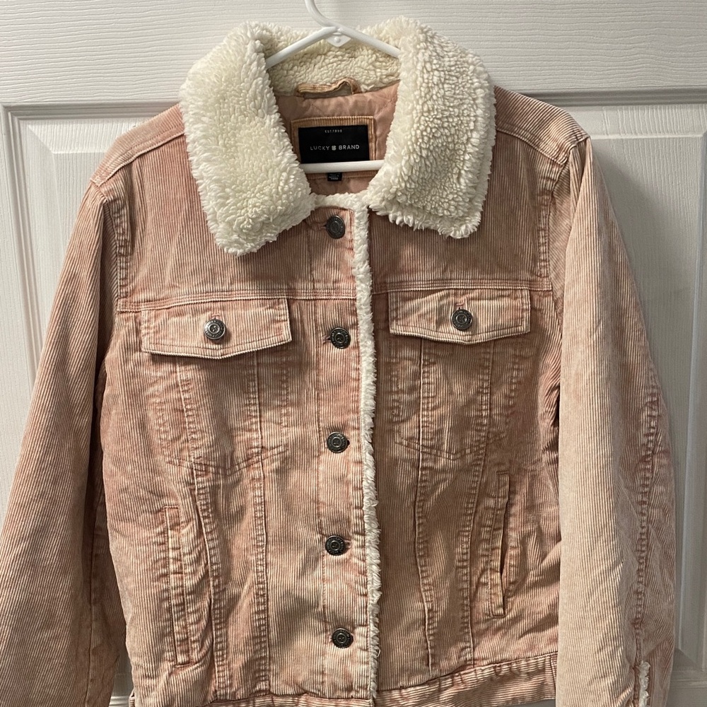 Lucky BrandWomen's Light Pink Corduroy Jacket with Cream Sherpa Collar